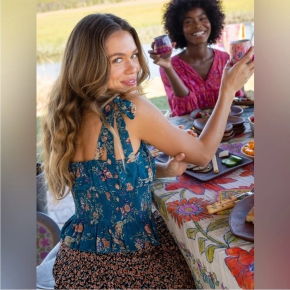 New ▶️ Natural Life  ◀️ Eloise Teal Blue Floral Smocked Tie Strap Tank Top - Picture 3 of 16